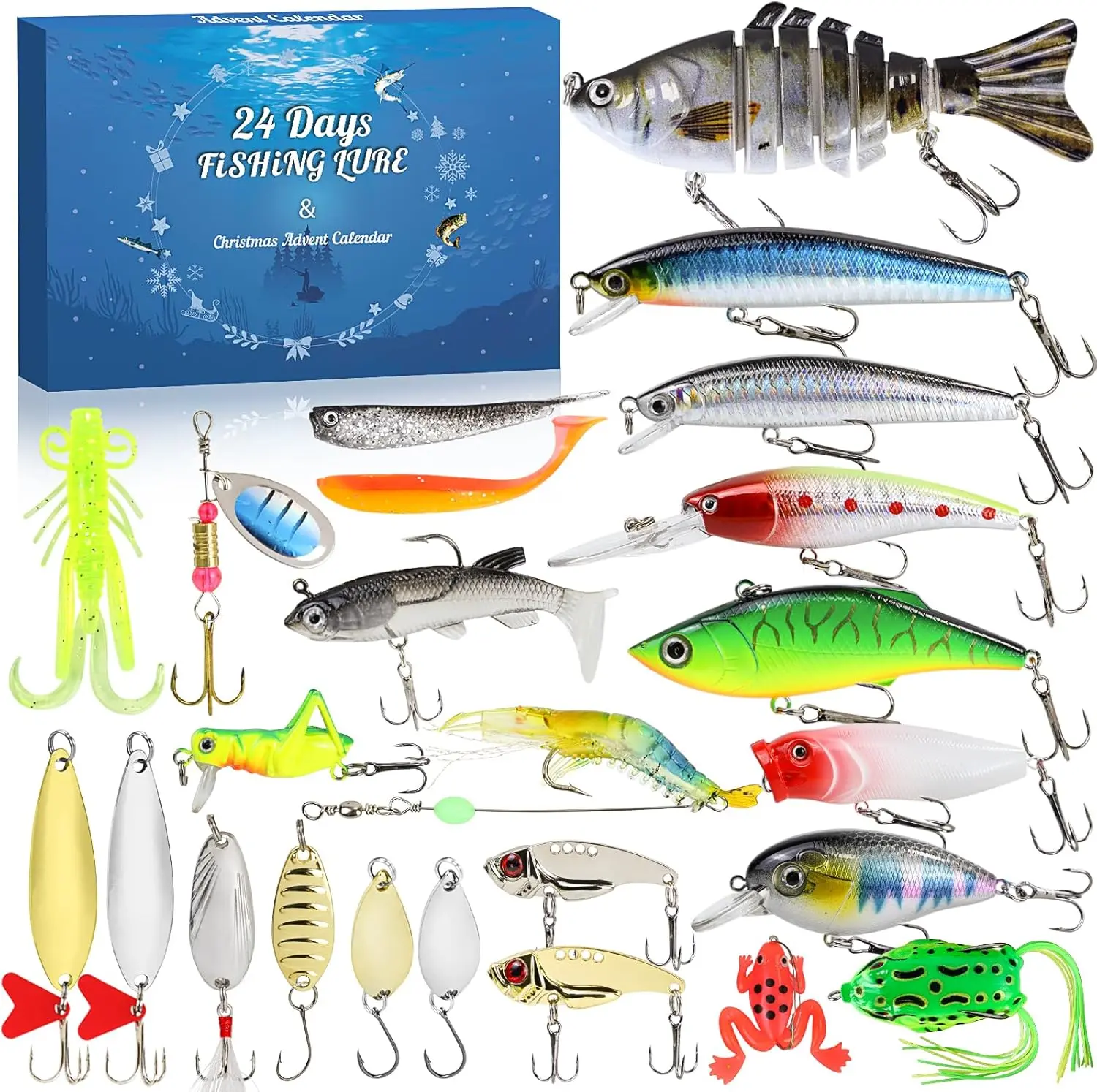 2025 Advent Calendar Fishing Lure Tackle Kit - 24-Day Christmas Countdown Box, Outdoor Fishing Set with Soft Lures, Spoons, Minnows, Poppers, Crankbaits, VIBs, Fishermen Gift, 24-day pack