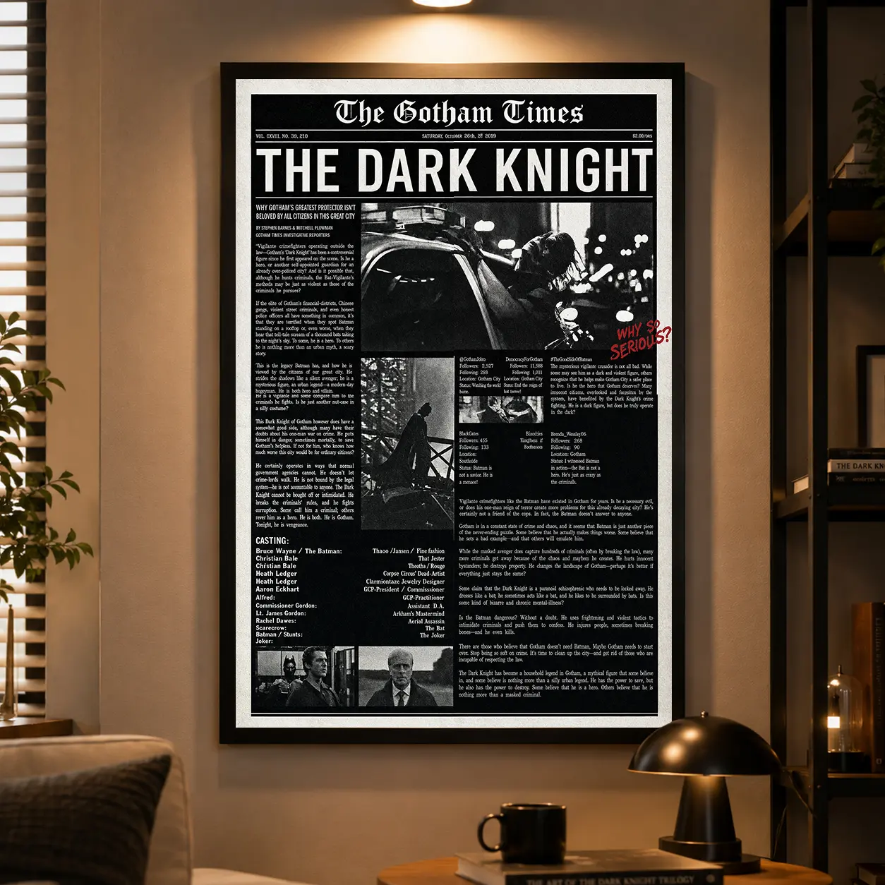 Black And White Dark Knight Gotham Times Newspaper Batman Movie Poster, Vintage The Dark Knight Minimalist Decor, Man Cave Dorm Bedroom Living Room Wall Art Decor, Fans Gift