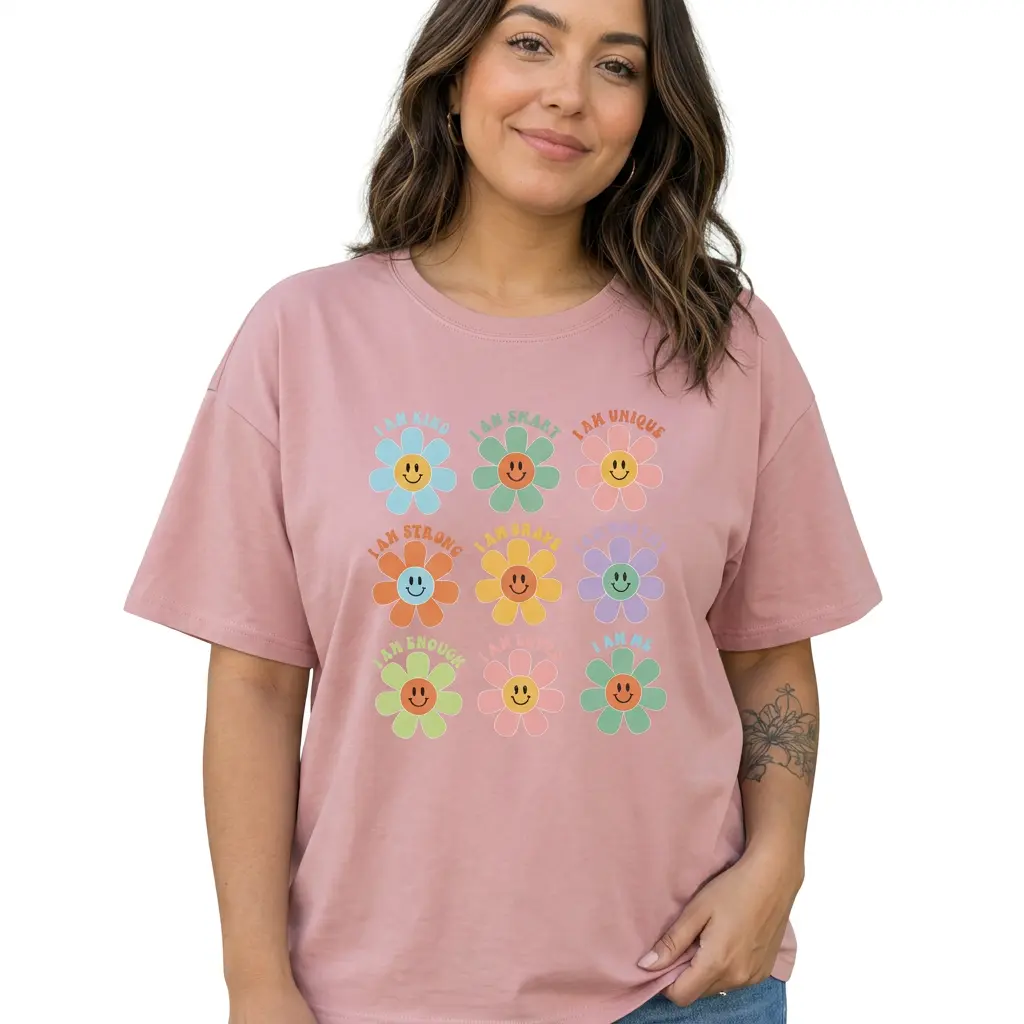 Positive Affirmation Retro Smiley Flower Shirt Women Plus Size Inspirational Graphic Tee