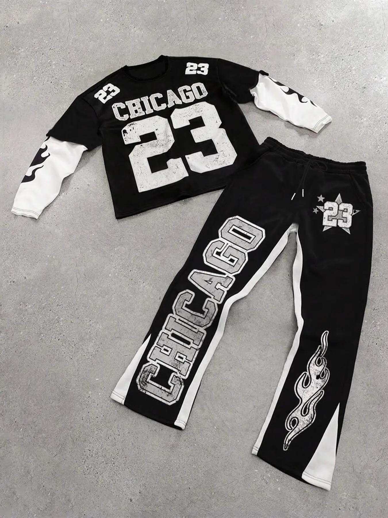 Men's Colorblock Figure Print Knitted Tee & Star Graphic Flare Leg Pants Set, Regular Fit Casual Long Sleeve Round Neck T-shirt & Drawstring Waist Bell Bottom Trousers, Men's Two-piece Outfits for All Seasons