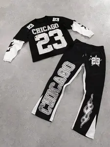 Men's Colorblock Figure Print Tee & Star Graphic Flare Leg Pants Set, Regular Fit Casual Long Sleeve Round Neck T-shirt & Drawstring Waist Bell Bottom Trousers, Men's Two-piece Outfits for All Seasons