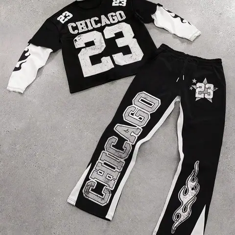 Men's Colorblock Figure Print Knitted Tee & Star Graphic Flare Leg Pants Set, Regular Fit Casual Street Style Long Sleeve Round Neck T-shirt & Drawstring Waist Bell Bottom Trousers, Men's Two-piece Outfits for All Seasons
