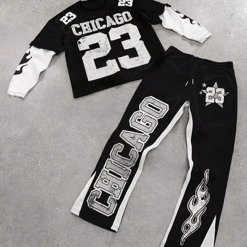 Men's Colorblock Figure Print Knitted Tee & Star Graphic Flare Leg Pants Set, Regular Fit Casual Street Style Long Sleeve Round Neck T-shirt & Drawstring Waist Bell Bottom Trousers, Men's Two-piece Outfits for All Seasons