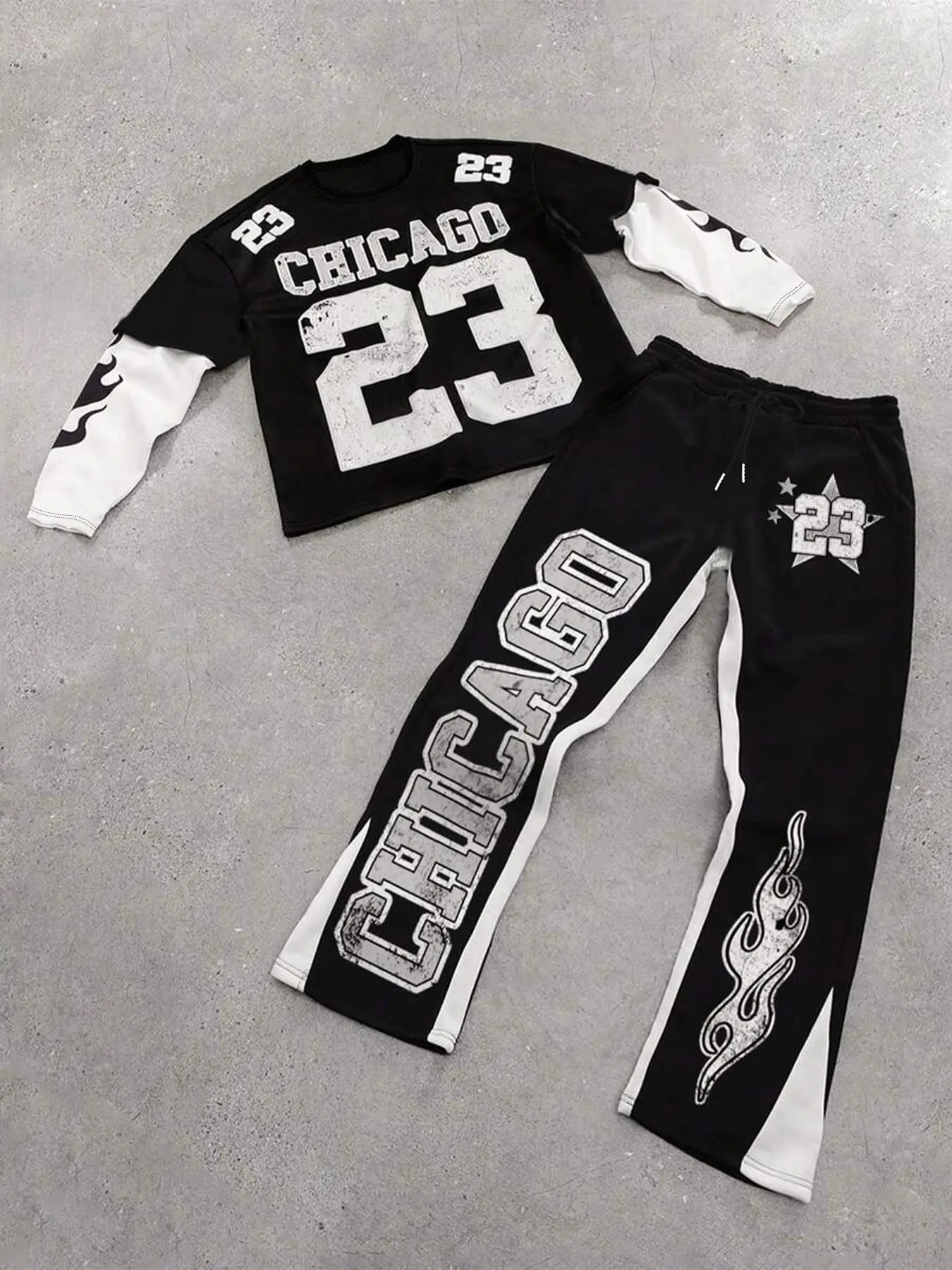 Men's Colorblock Figure Print Tee & Star Graphic Flare Leg Pants Set, Regular Fit Casual Long Sleeve Round Neck T-shirt & Drawstring Waist Bell Bottom