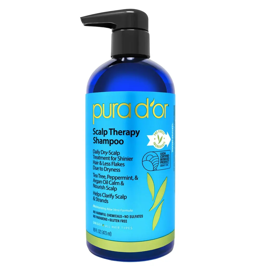 PURA D’OR Scalp Therapy Shampoo 16oz (473ml) – Aloe Vera Dry Scalp Shampoo with Tea Tree, Peppermint & Argan Oil