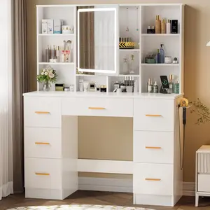 Vanity Desk with Mirror and Lights, Makeup Vanity with Openable Mirror and 7 Drawers, Dressing Table with Power Outlet and 3 Lighting Colors, Makeup Vanity Set for Bedroom
