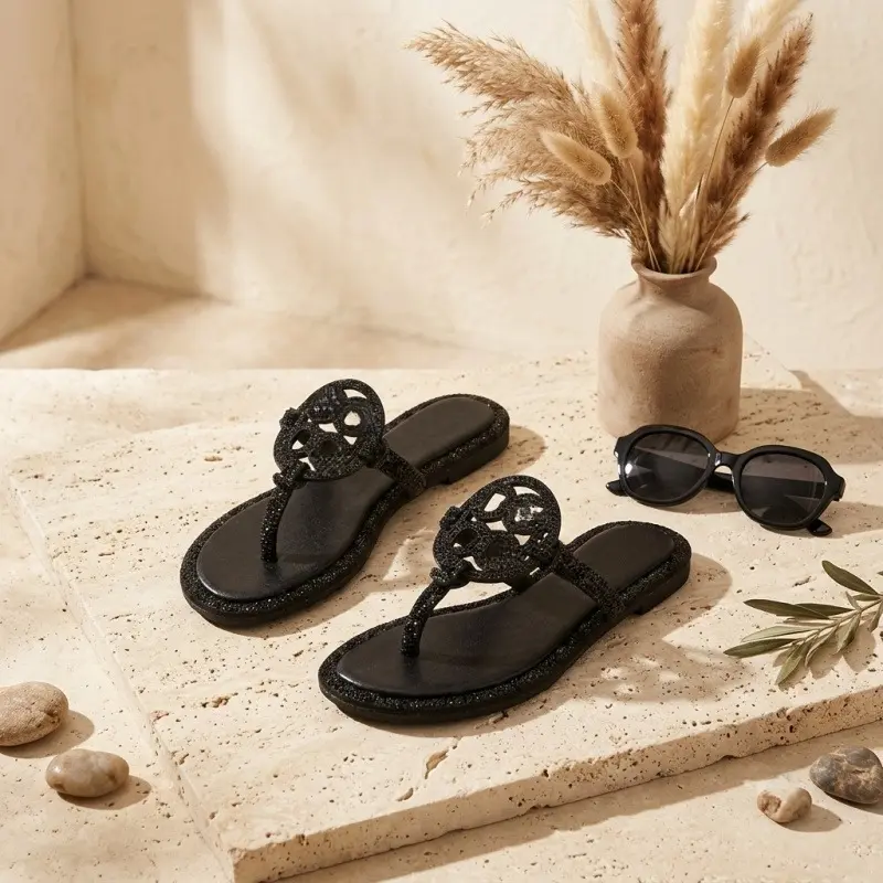 Women's Gold Rhinestone Flat Sandals, Embellished T-Strap Thong with a Padded Footbed for Dressy Summer Occasions, Gold Rhinestones Women's Flat Sandals