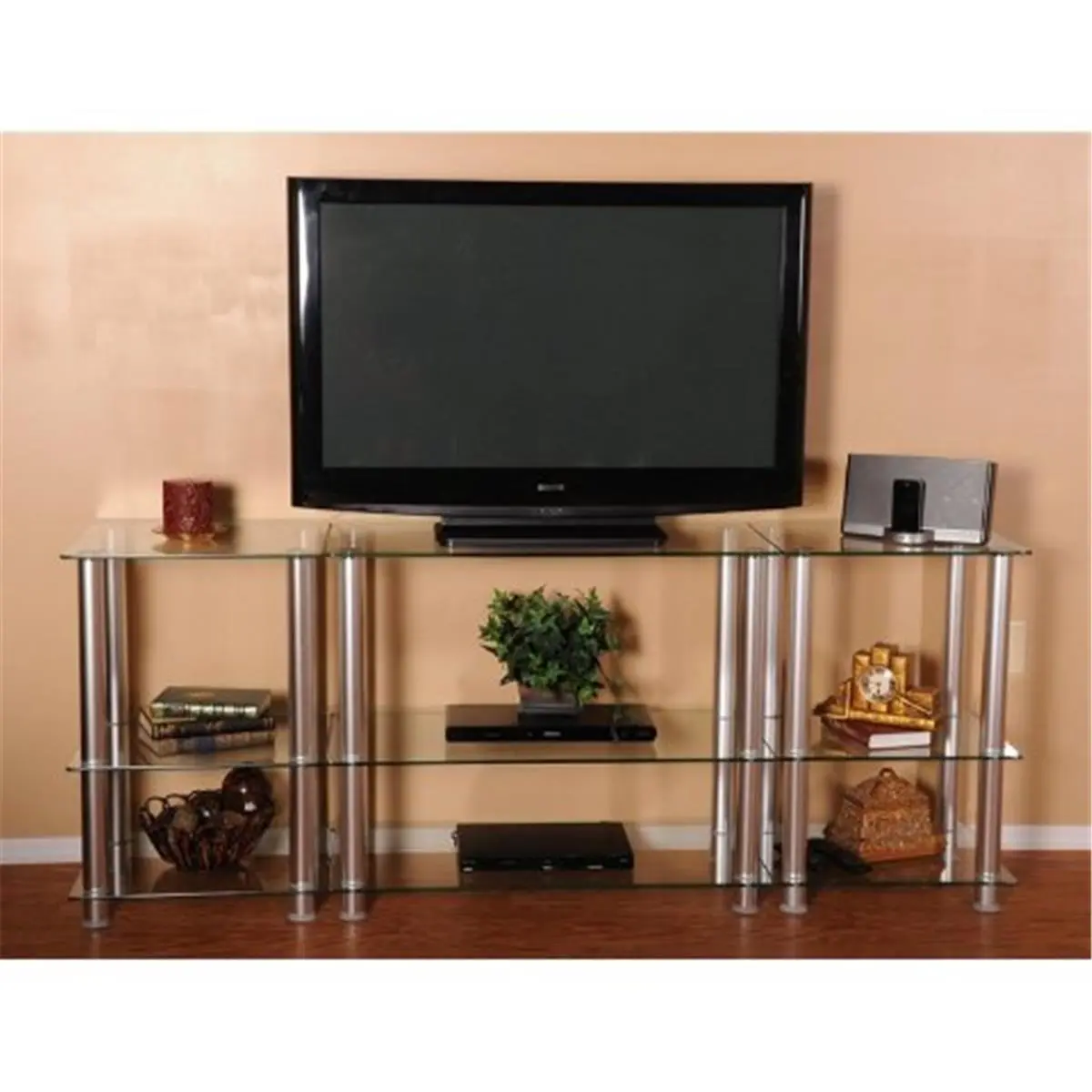 Tempered Glass & Alum. Freestanding RTA TV Stand - 75 in. W x 16 in. D x 30 in. Extra Tall, Accommodates 80 in. Flat Panel, Built-In Storage Compartments, Assembly Required, for Home Use, Accessories Not Included (TV Stands & Multimedia Centres)