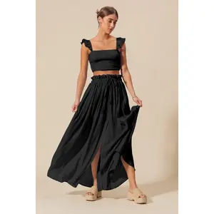 SO ME Smocked Top and Flowy Maxi Skirt Set Breathable Women's Wear Black Elastic Elegant Casual Drawstring Ruffled Slit Two-Piece Set