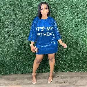 'It's My Birthday' Sequin Dress with 3/4 Sleeve Casual Crewneck Womenswear Party elegant dresses serenity  silver woman party women Formal Workwear