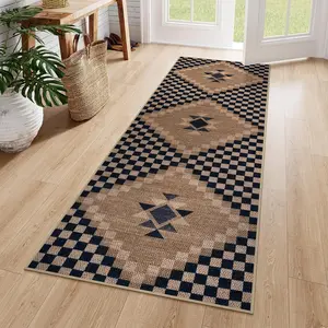 Easy Jute Runner Rug for Entryway, 2x6 Runner Rug Rugs Non Slip, Washable Black Checkered Indoor Runner Rugs for Laundry Room Bedroom, Carpet for Hallway 6ft