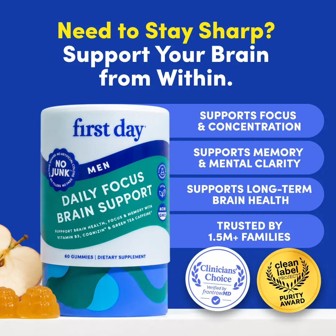 First Day Men's Focus Gummies 18+, Natural Apple Flavor — Cognizin Citicoline, Phosphatidylserine, Green Tea Caffeine — Sharper Focus, Stronger Memory, Improved Recall, Fight Brain Fog — 30-Day Supply, Vegan, No Junk