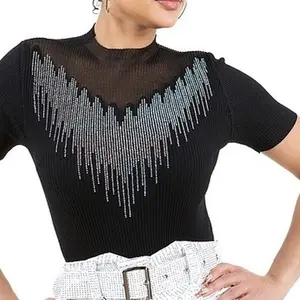 Vania100-Blouse with Rhinestones Ribbed Fabric for Special Occasions and Events - Stretchy Comfortable and Versatile Fit