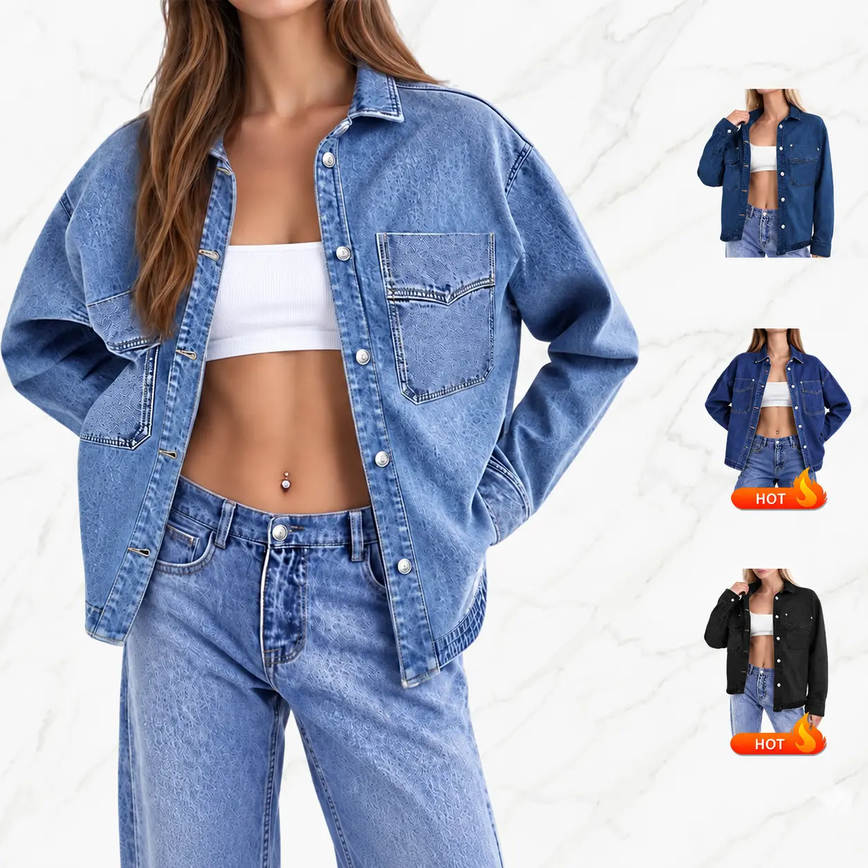 Women's Basic Long-Sleeve Jean Jacket - Collared Neck, Button-Front, Dropped Shoulders, Curved Hem, Chest Pockets, Retro Western Trucker Outerwear, Polyester Ravon Double Denim Casual Coat, Everyday Fashion Top