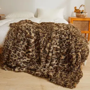 XeGe Luxury Faux Fur Leopard Print Blanket, Soft Patterned Bed Blanket, Shaggy Plush Decorative Couch Throw, Cute Furry Animal Print Fuzzy Throw for Sofa Bed Couch, Brown, 60x90