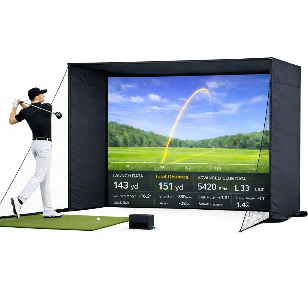 AECOJOY Indoor Golf Simulator Enclosure, 10 x 8 FT Hitting Net with HD Impact Screen, Steel Poles, Side Shank Nets and Sandbags, Ideal for Home & Garage Practice