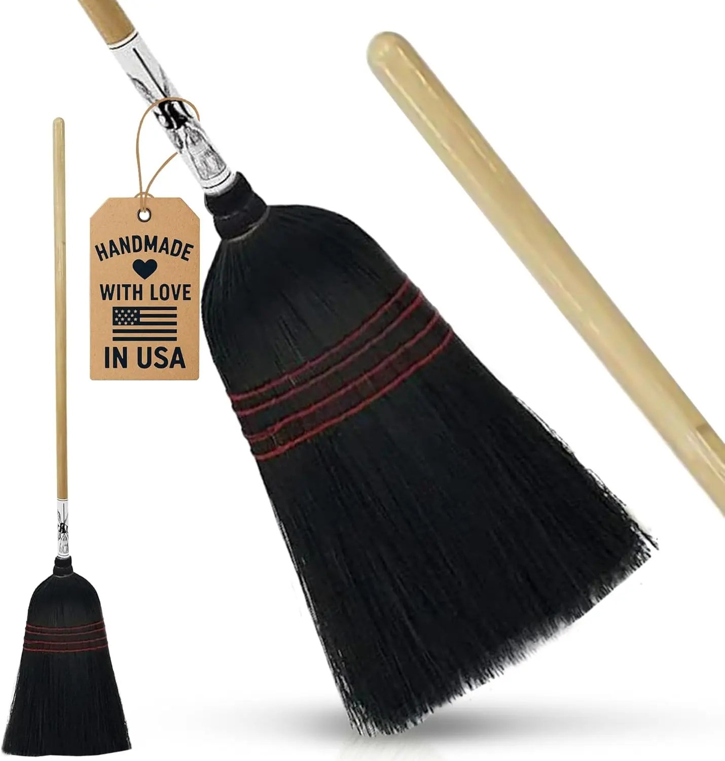 Handheld Handmade Amish Corn Broom with Sturdy Wooden Handle, 57" Durable Heavy-Duty Corn Straw Bristle Broom, 4 Sews for Courtyard & Lobby Sweeping - Black, Brush