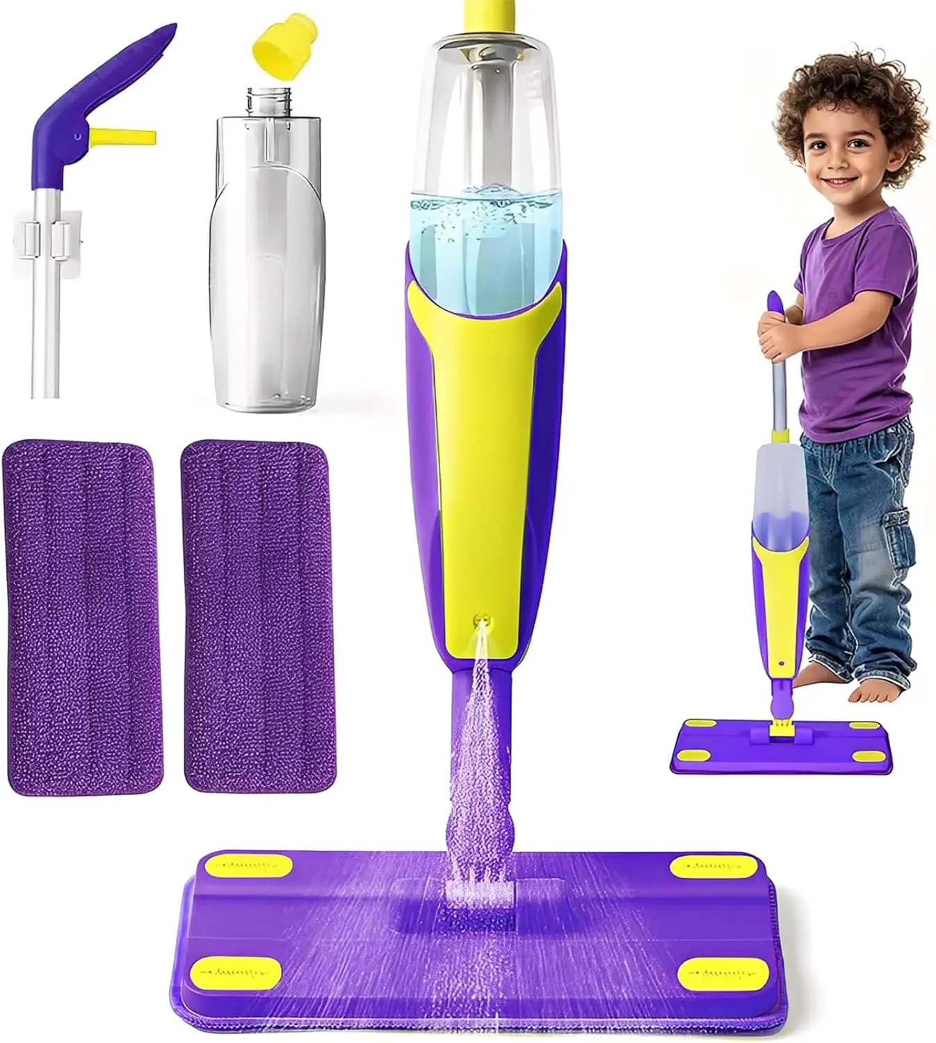 Durable Kids Plastic Spray Cleaning Housekeeping Playset - Montessori Pretend Play Home Care Accessories for Toddlers with Nozzle, 2 Reusable Washable Mop Pads, Scraper