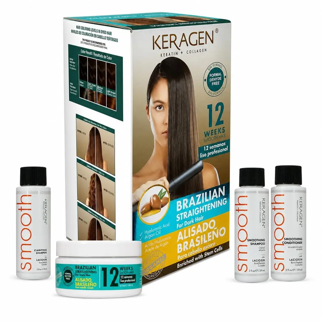 KERAGEN At-Home Keratin Smoothing Treatment Kit - 12-Week Frizz Control, Nourishing, Formaldehyde-Free, Color-Safe Formula for Dark, Coarse Hair, Shiny Hair