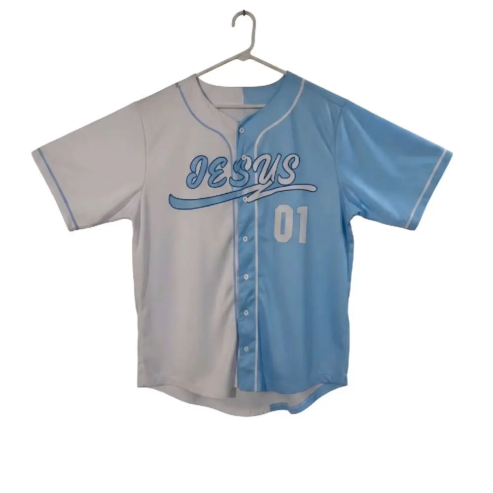 Jesus #01/Psalms 91 "Protection Prayer" Unisex Short-Sleeve Baseball Jersey, Machine-Washable Sportswear Clothing, Baby Blue and White Split design