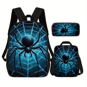3-piece spider web themed backpack set, blue 17inch lightweight backpack with adjustable shoulder straps, includes matching lunch bag and pencil case, stylish urban design, suitable for travel, city life, Halloween surprises or everyday fashion