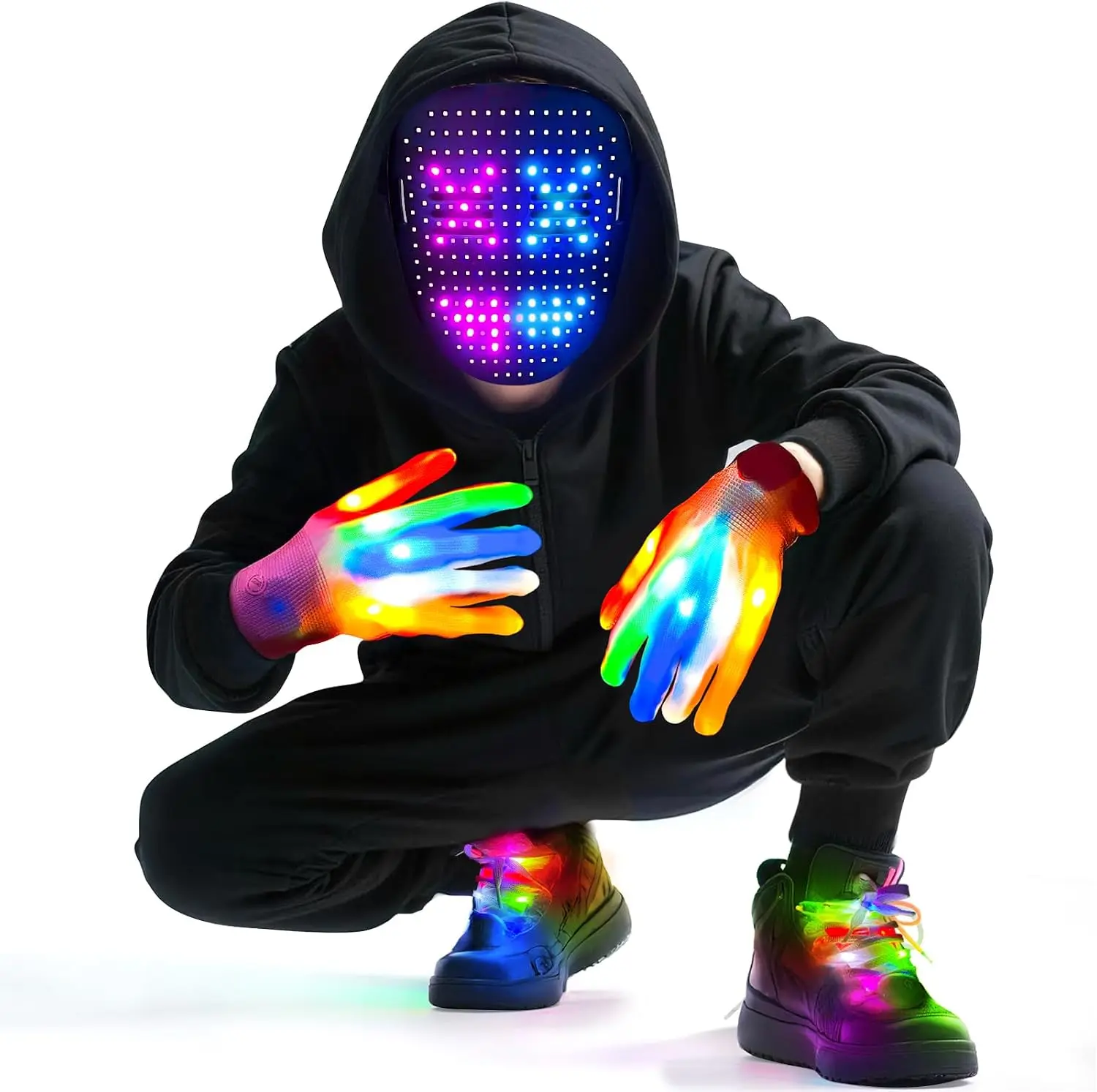 3 Set LED Mask with Gesture Sensing Light Up Gloves and Glow Shoelaces Light up Costume Gifts for Teens, Cool Glowing Toys for Halloween Birthday Christmas Cosplay Party