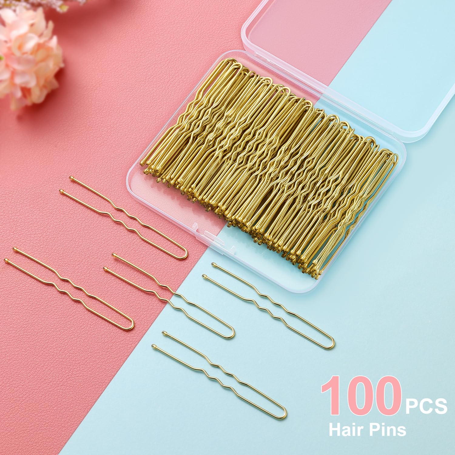 U Shaped Hair Pins, 100 Pcs Blonde Bun Hair Pins for Women Girls with Box (Golden 2.4 inch) | 2.4in 100pcs Metal U Shaped Bobby Pins, for Ballet Bun, Hairstyles, Daily Use or Dance Competition, with Non Slip Design