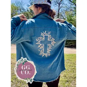 Floral Cross Embroidered Blue Denim Jacket, Embroidered Jacket, Christian Denim Jacket, Christian Gift
