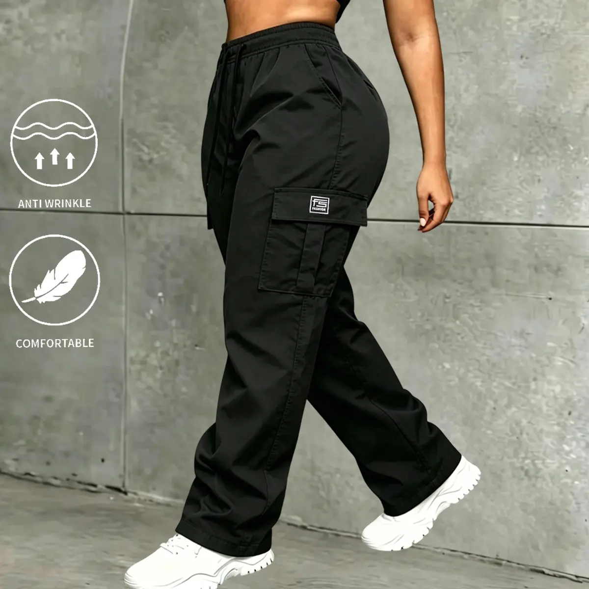 Lady's Preppy Minimalist Basic Mid-Rise Loose Wide-Leg Cargo Bottoms with Large Flap Pockets, Suitable for Casual Outings, Sports, All-Seasons Wear