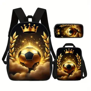 3-piece football-themed backpack set - gold crown and ball print 17inch lightweight school bag, with adjustable shoulder straps, lunch bag and pencil case, stylish football design, suitable for work, gym, commuting and everyday urban use