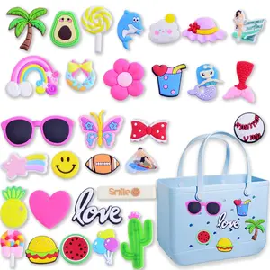 DIY Charms for Beach Bag, 30pcs Accessories Letters Flowers Baseball Beach Cute Decoration Bag Charms for Beach Bag Rubber Tote Beach Bags