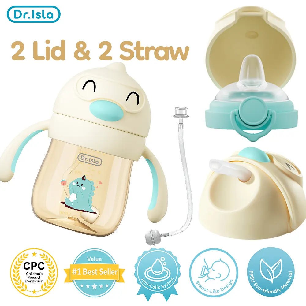 Dr.Isla PPSU 9oz Sippy Cup for Toddlers, Anti-Colic Training Cup 6M-3Y, Leakproof Weighted Straw Cup, Buy 1 Cup Get 1 Nipple Lid Free, Eco-Friendly, 356°F Heat-Resistant, BPA-Free, Non-Slip Handle, Boys Girls Professional Transition Bottle homedecor