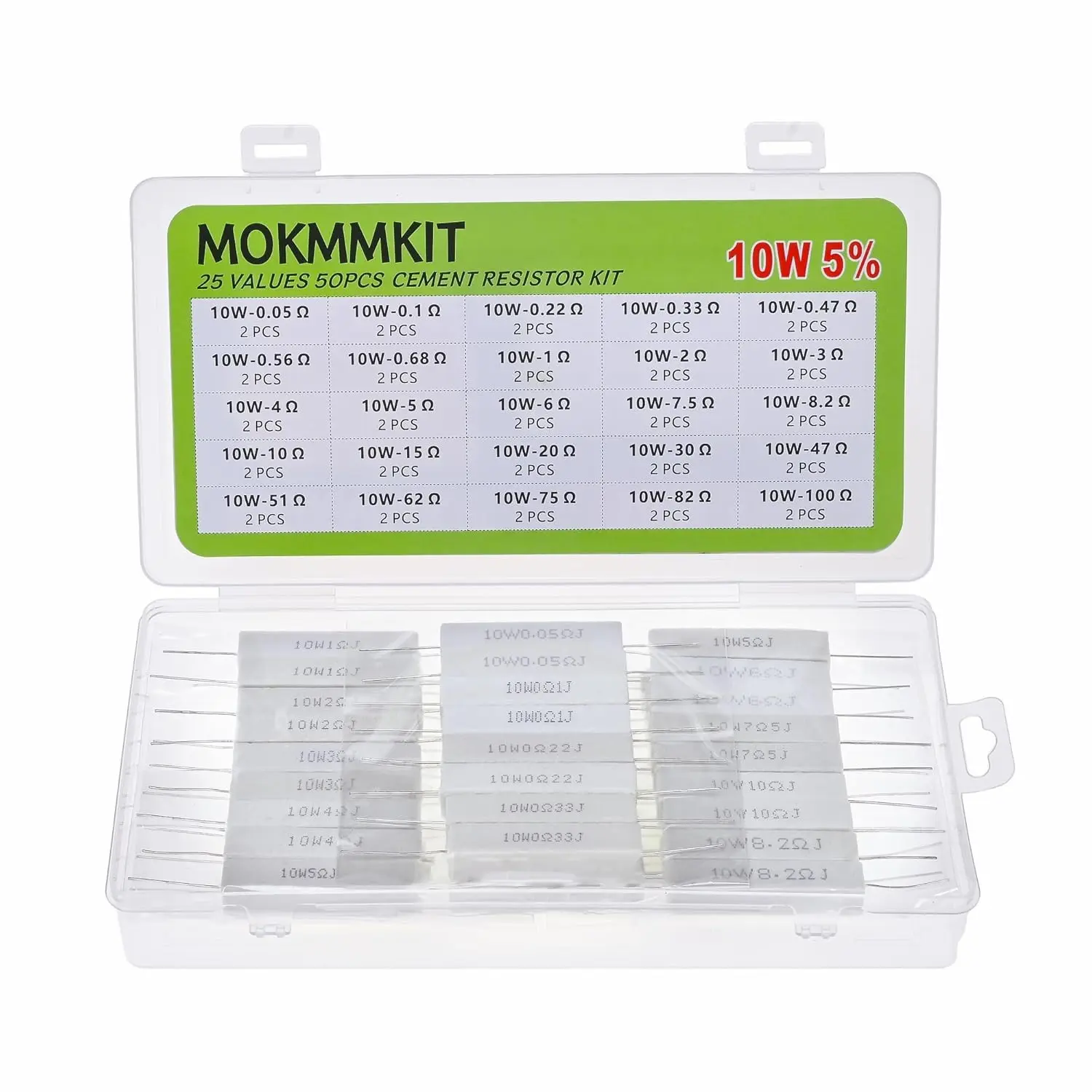 25 Values 50 Pieces Ceramic Cement Resistor KIT 10W Resistance 10 Watt ±5% Power Resistors (0.05 Ohm - 100 Ohm)