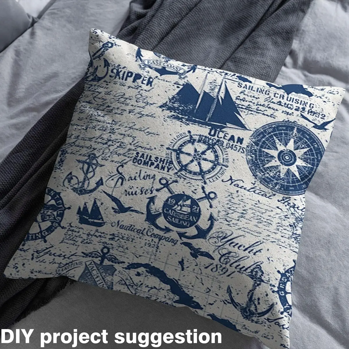 Feelyou Nautical Upholstery Fabric - 2yd Navy Blue 100% Polyester, Tight Weave, Waterproof, Anti-Stain, Durable, Dryer Safe, Fade Resistant, Naval Print, Indoor/Outdoor for Accent Pillows, Refinishing Furniture, Handbag Making DIY Projects