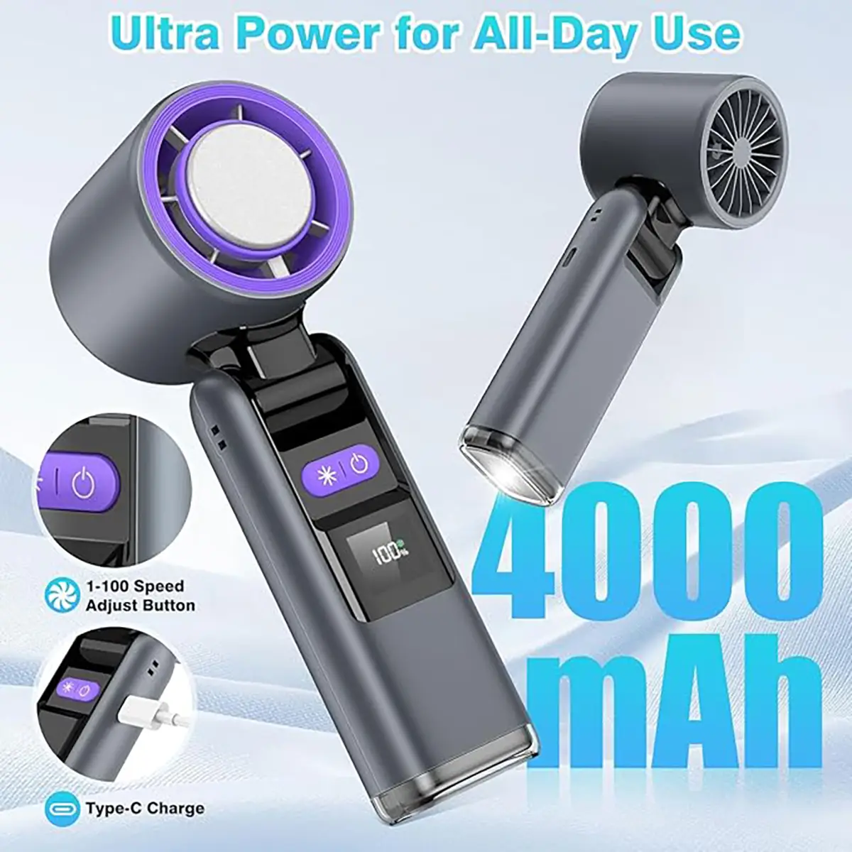 Portable handheld turbofan with ice function, adjustable 1-100 speed,4000mAhUSB rechargeable battery, LED display, suitable for travel outdoor use