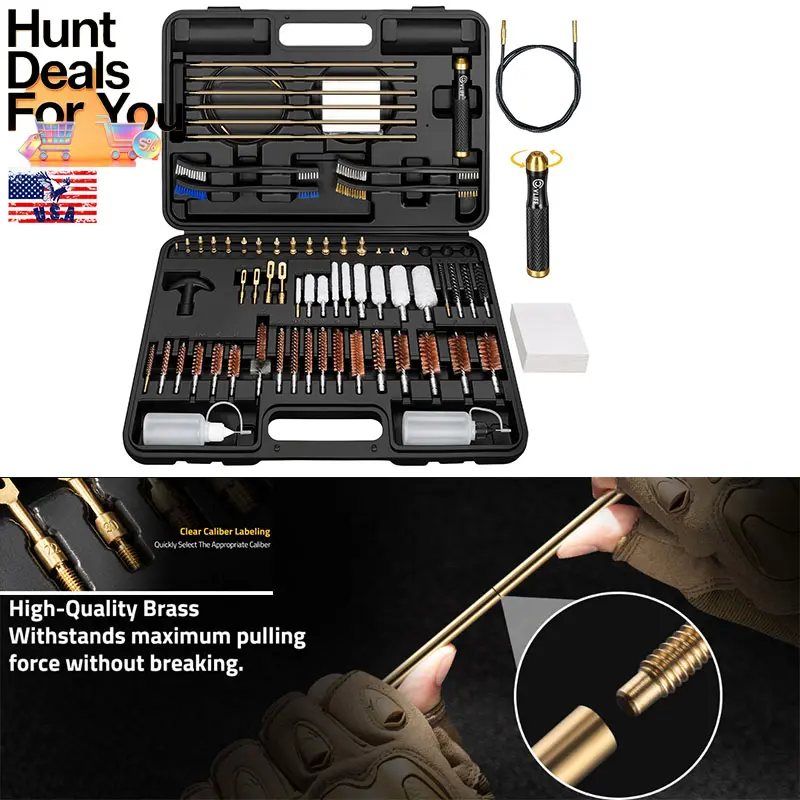 [SUPER SALE] Rifle Cleaning Kit, Hunting Gear Travel Size Compact Kit with Cleaning Rods, Brass Jags, Bronze Brushes, Cotton Mops, Metal Brushes for .17 to 12GA, Portable Case