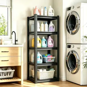 Heavy-Duty Adjustable 5-Tier Kitchen Storage Rack Open Layout for Food Baking Basements Garages Warehouses Versatile Metal Freestanding Shelving Unit with Optional Hanging Board Accessories