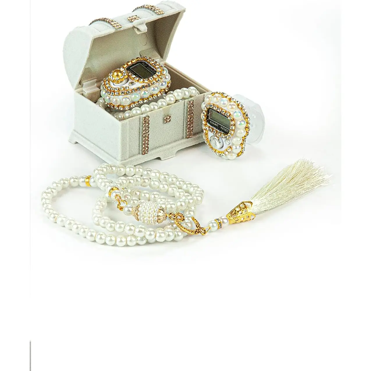 İhvan Online Chest Gift Box with Islamic Finger Counter and Prayer Beads, Portable Digital Tasbeeh, Pearl Zikirmatic Beads, 2 Pieces Gift for Ramadan & Eid & Mevlüt (White) İhvan