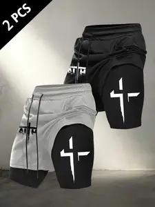 Men's Cross & "FAITH" Print 2-in-1 Fake Two-Piece Shorts, 2-Pack Compression Lined Gym Shorts, Streetwear Athletic Shorts #FaithCrossShorts #FakeTwoPieceShorts #ChristianStreetwear #2in1GymShorts #TikTokMadeMeBuyIt