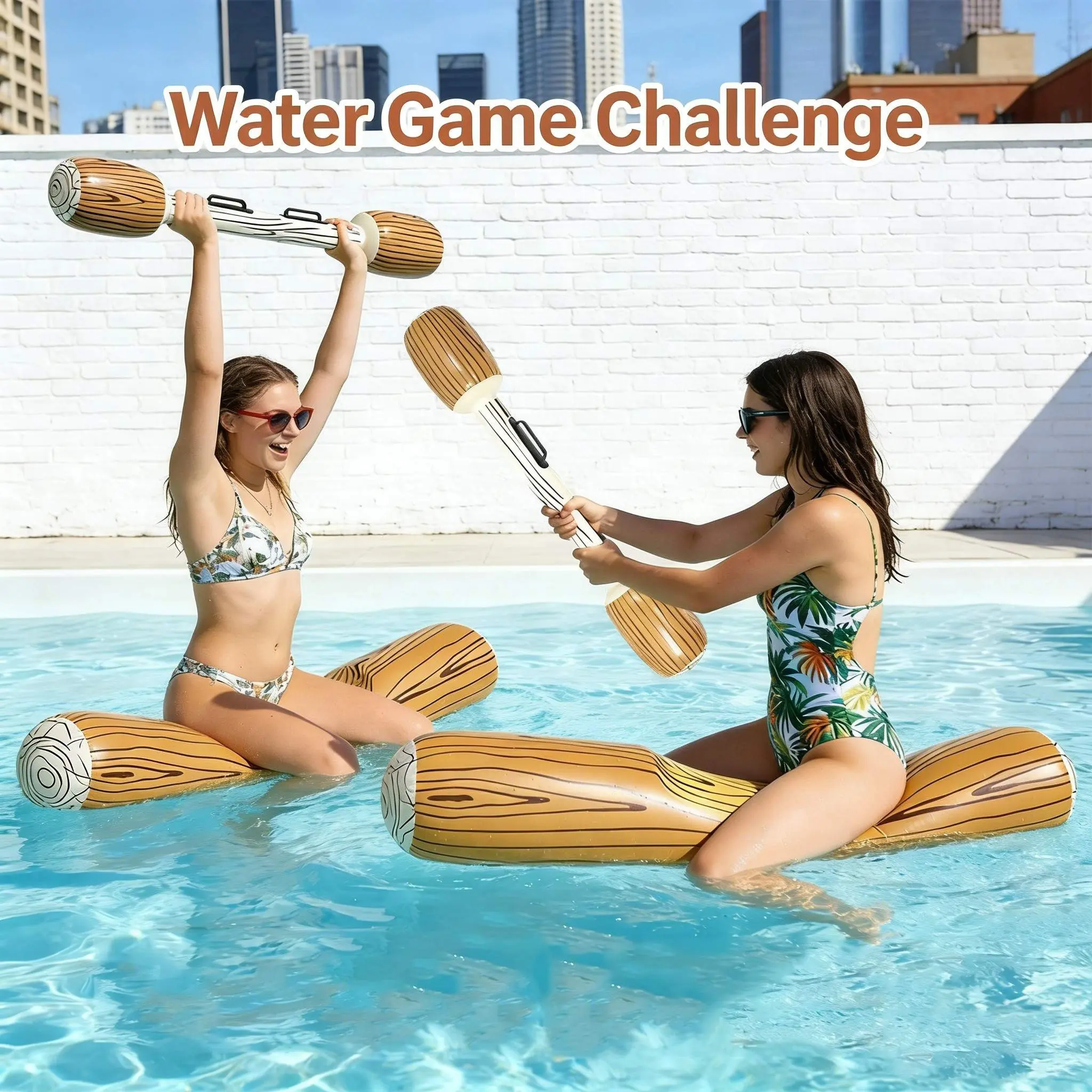 Pool Party Props Set, Floating Water Raft Game, Inflatable Wooden Texture Float, Air-Filled Opposite Stick Float, Fun Pool Accessories, Pool Floaties, Water Game Challenge, Pool Inflatables