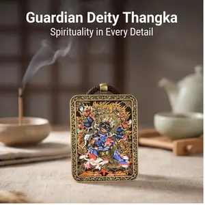 Hand-Painted Tibetan Gau Box Pendant, Black God & Dragon God Protector Amulet, Gold Painted Thangka Style Necklace, Lucky Buddhist Jewelry