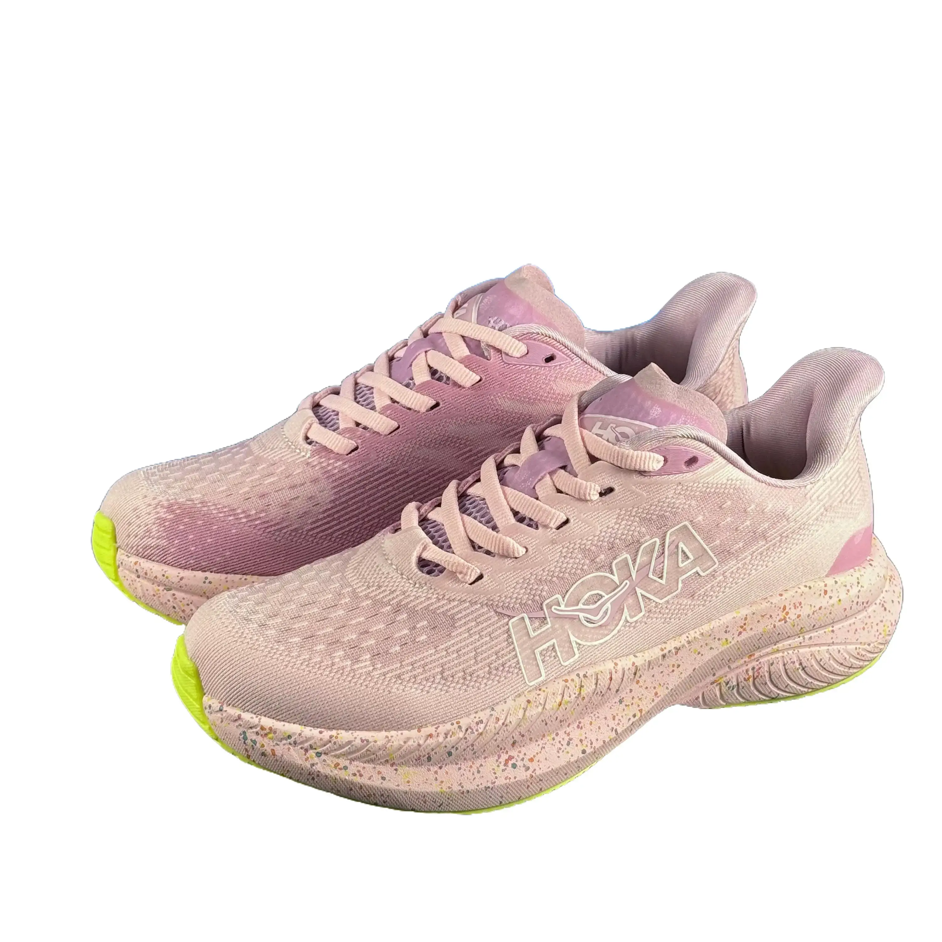 Pastel Light Pink Breathable Knit Low Flat Jogging Trainers Bright Yellow Traction Outsole