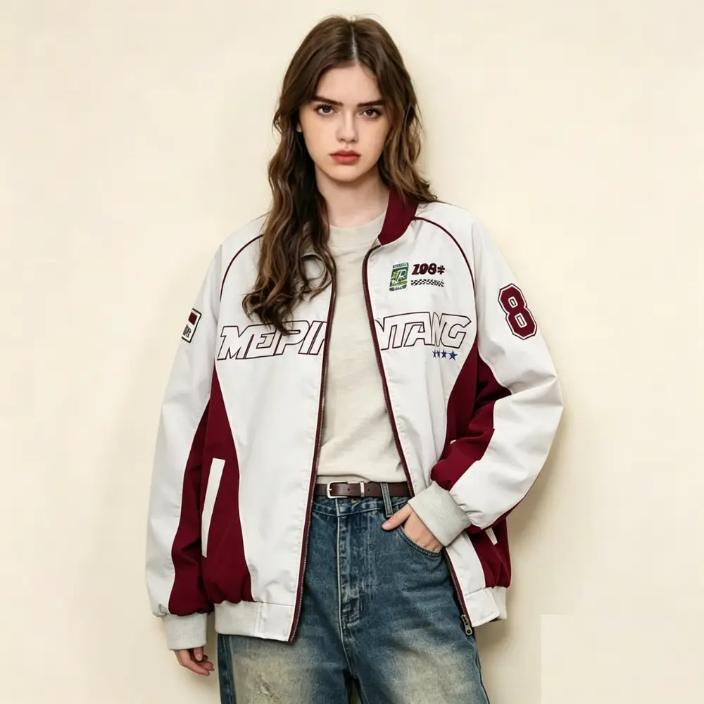 American unisex retro burgundy and white color-block stand collar racing jacket featuring letter and number prints for a trendy street-style look. Crafted from structured fabric that’s durable and well-shaped, with ribbed edging for a snug, windproof fit.