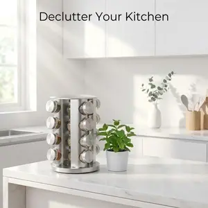 360° Rotating Multifunctional Silver 12-Bottle Kitchen Spice Rack & Seasoning Storage Box Set, Sturdy Base Organizer, Adjustable Metal Rack with White Cap, Silver 12-Bottle Bundle