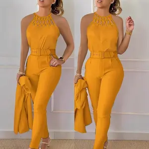 2025 Summer Women's Casual Fashion Tops Solid Color Pants  Two piece  with Belt orange set