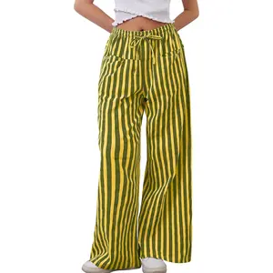 [Women's Long Pants] Spring and Autumn Fashion New Women's Casual Long Pants, Wide-Leg Low-Waist Casual Striped Pants, Drawstring Multi-Pocket Pants, retro fashion vertical striped wide-leg pants, loose and slimming for summer
