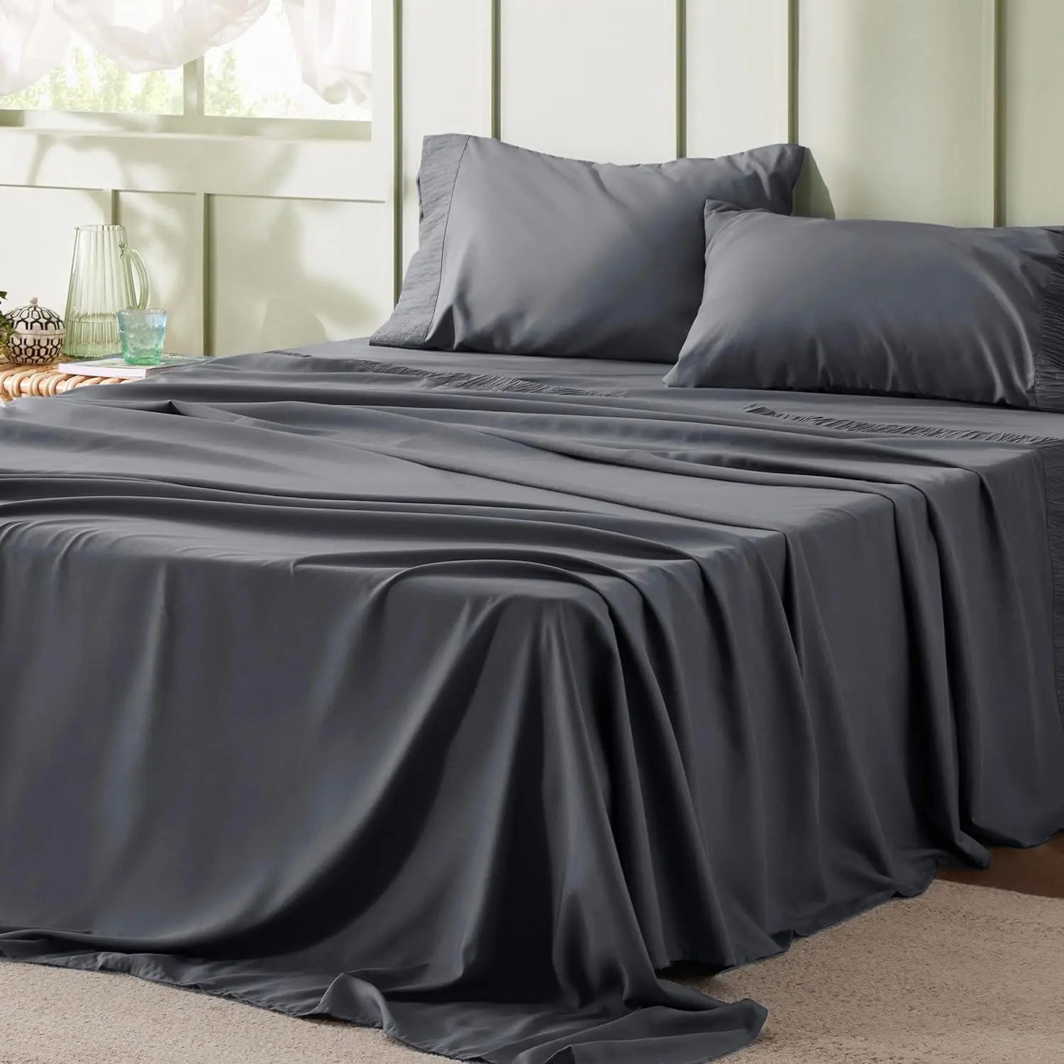 Queen Size Cooling Microfibre Sheet Set - 4-Piece, Skin-Friendly, Soft, Durable, Fading-Proof, Plain Weave, Ruched Edge, Solid Pattern, Machine Wash Easy Care, Dark Grey for Adults