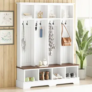 ARCH Farmhouse Hall Tree with 8 Hooks, Practical Entryway Bench with Open Compartments, 76.7"H Modern 3-in-1 Wooden Style Coat and Shoe Rack for Mudroom, Living Room, White (OLD SKU: N721P292601K)
