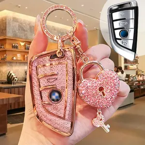 Car Key Case with Rhinestone Heart Lock Keychain, Car Key Fob Cover, Keychain for BMW 2/3/5/6/7 Series, X1 X2 X3 X5 X6, Car Key Accessory
