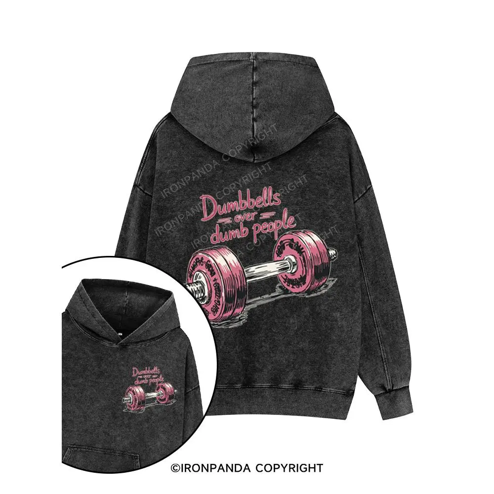 Dumbbells over dumb people Printed Washed Gym Hoodie